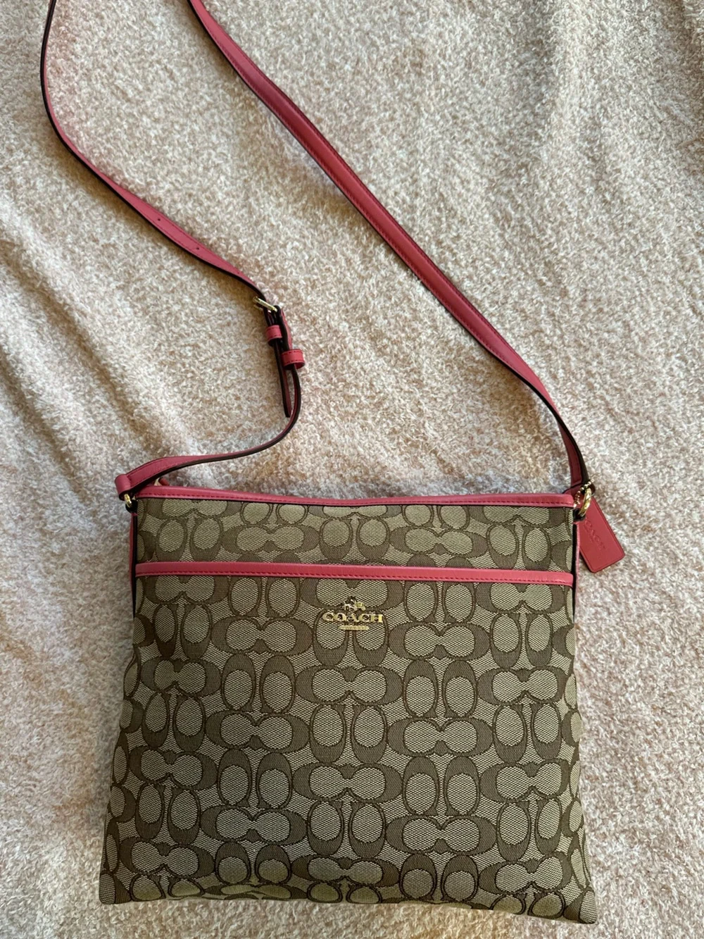 Coach Beige Signature Crossbody with Pink Leather Trim